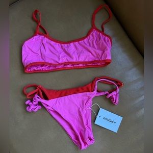 NWT Matinee Strappy Terry Trim Bikini Top and Bottom Red Pink Medium Small